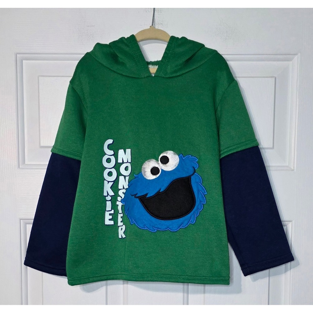 Vintage Sesame Street Cookie Monster Green Navy Hoodie Kids Size 5T